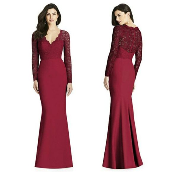 Dessy Collection Dresses & Skirts - Dessy Collection 3014 Marquis Lace V-Neck Gown Trumpet Maxi Dress Burgundy Red 2